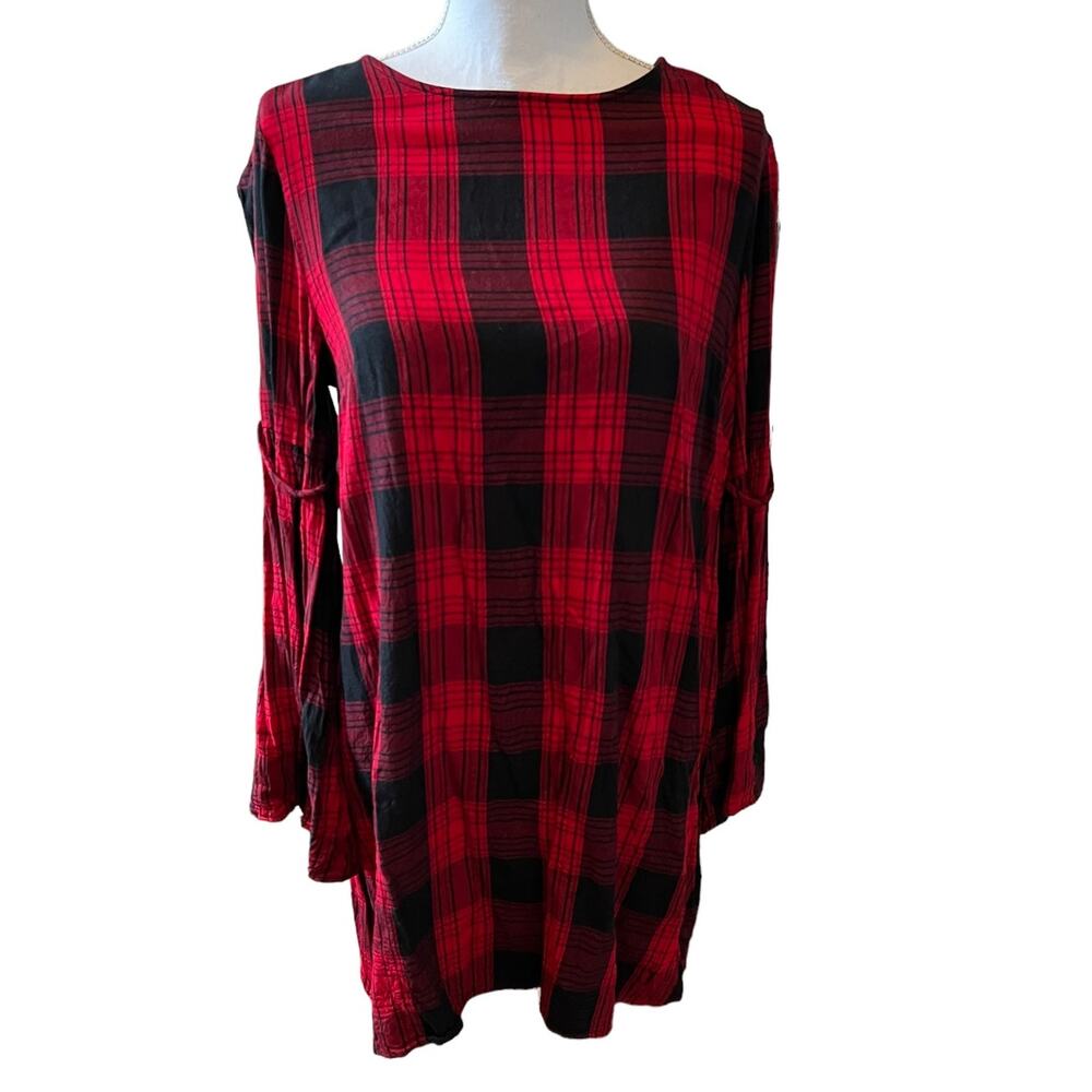 Beachlunchlounge Flannel Bell Sleeve Mini Dress Red Black Plaid L